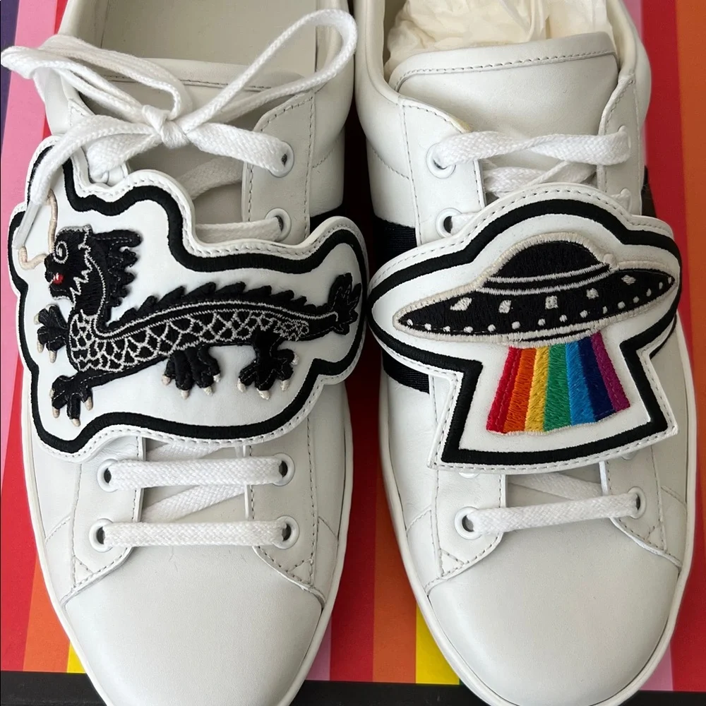 🆕 Auth Gucci Sneakers Ace Gucci 10.5 Removable Patches